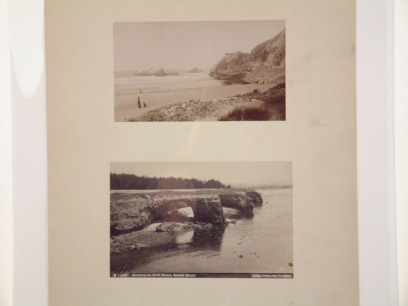 View of the beach at Sutro Heights with Seal Rocks and Cliff House in the background, San Francisco, California