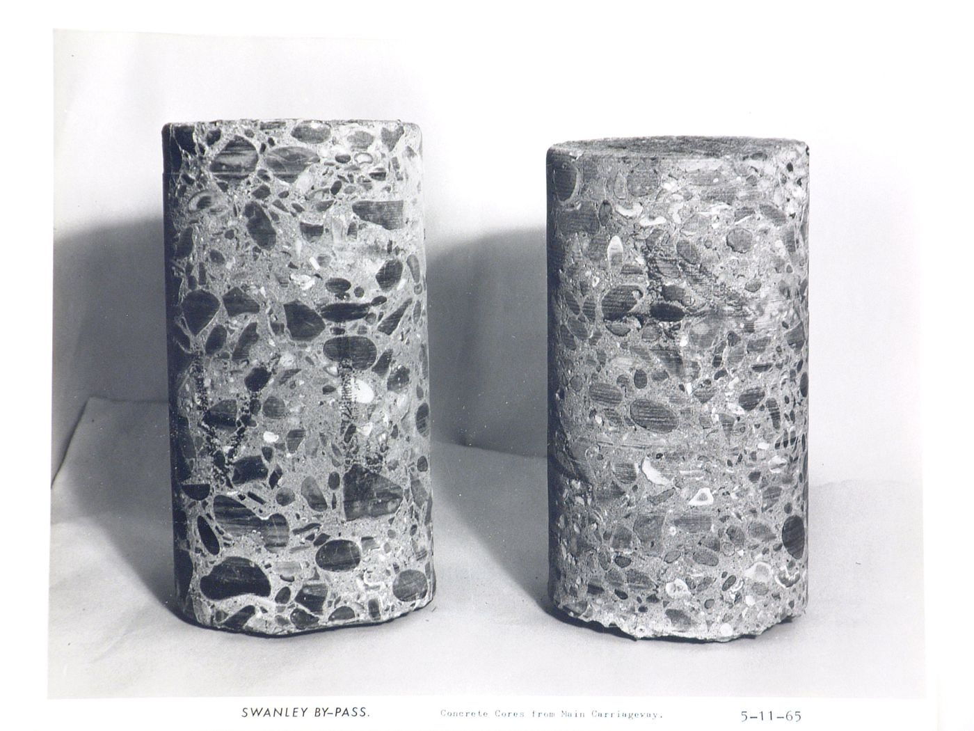 Studio view of concrete cores from main carriageway of the Swanley Bypass, England