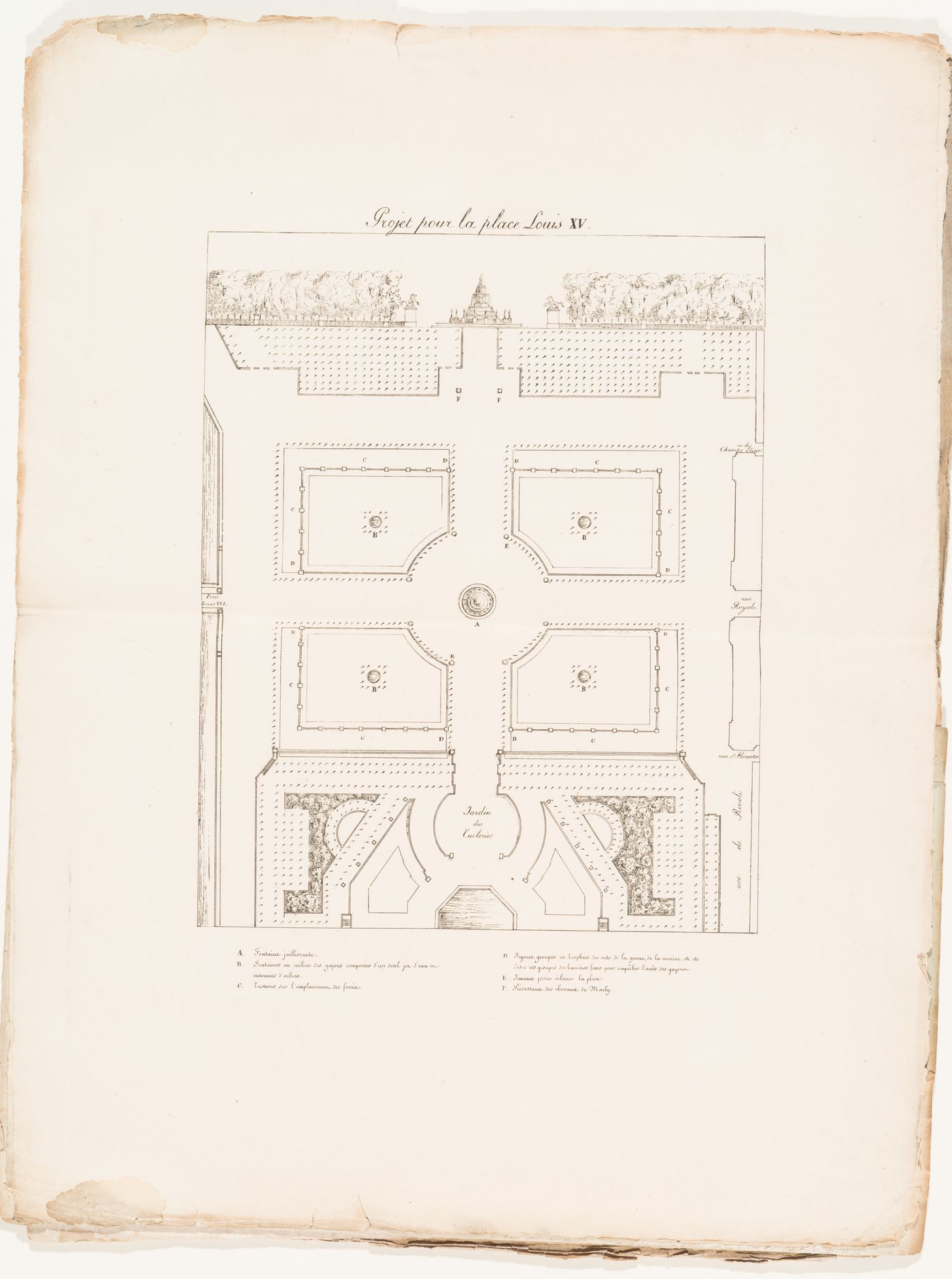 Plan and elevation for place Louis XV with five fountains and a promenade bordered by a row of sculptures