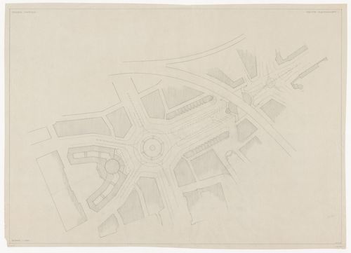 Site plan for the reconstruction of the Hofplein (city centre) showing a city hall, mixed-use developments, monument plaza and Café Viaduct, Rotterdam, Netherlands