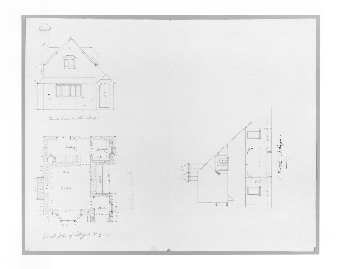 Two elevations and a ground plan for a picturesque cottage.
