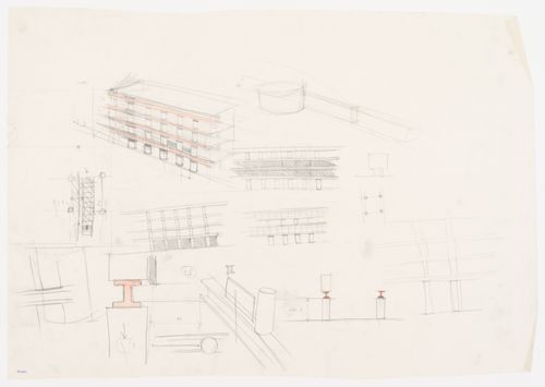 Competition project for a theatre and organization of the Pilotta area, Parma, Italy: perspective sketch, elevations and details