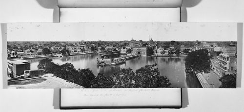 Panorama of Amritsar showing the Golden Temple (also known as the Harmandir), its pool (also known as the Amrit Sarowar or Pool of Nectar) and the Akhal Takht, Darbar Sahib temple complex, India