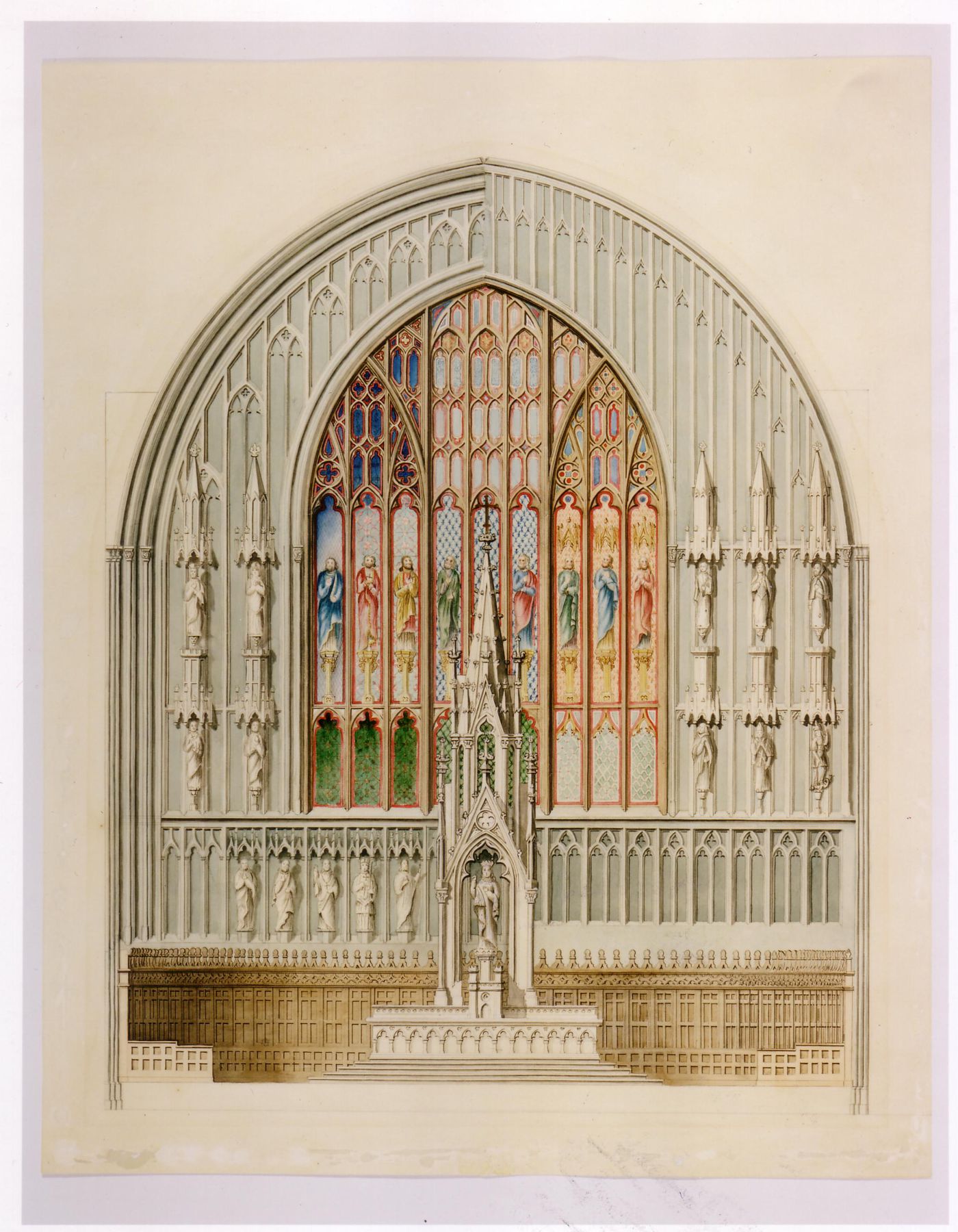 Elevation for the sanctuary for the interior design by Bourgeau et Leprohon for Notre-Dame de Montréal