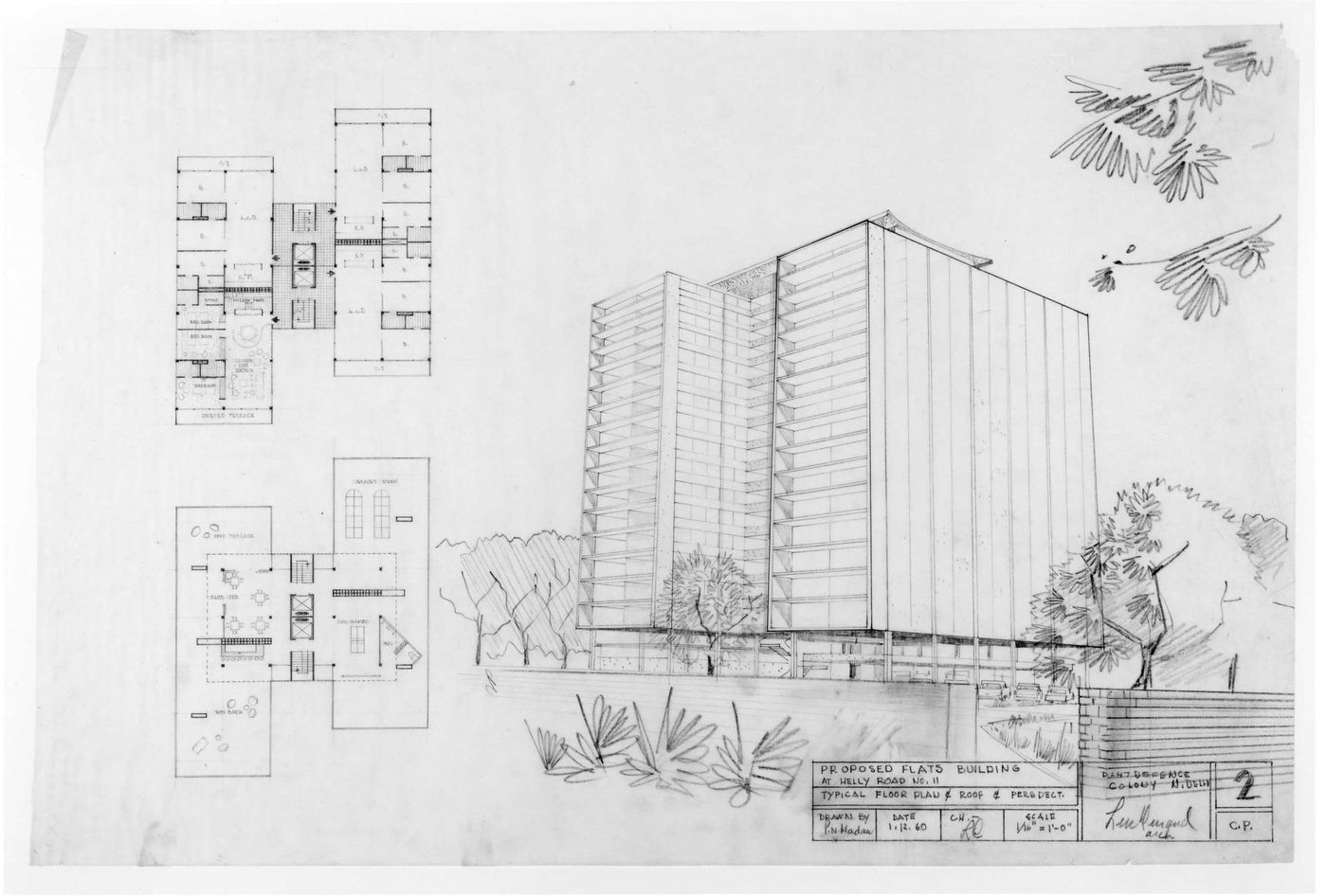 Proposed Flats Building, Helly Road: Plan d'étage et perspective