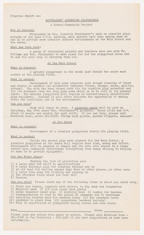 Progress report for Southlands School Play Area, Vancouver, British Columbia