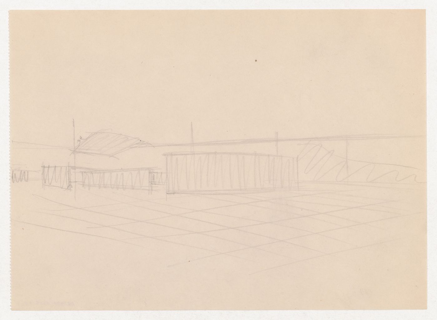 Interior perspective sketch for Museum for a Small City showing the auditorium with suspended ceiling