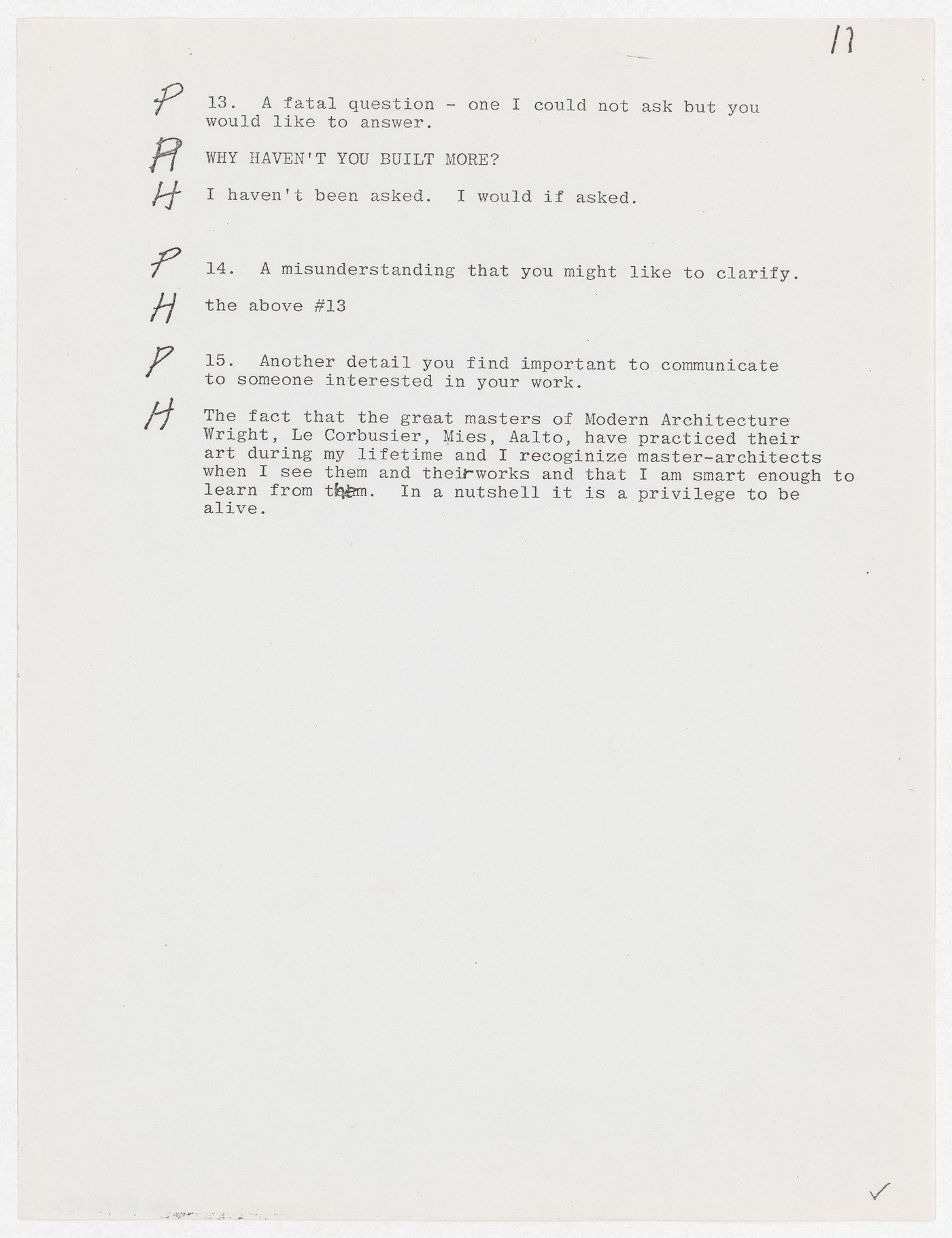 Transcript of an interview with John Hejduk (by Reima Pietila?), related to the publication of the exhibition catalogue, "John Hejduk, 7 Houses : January 22 to February 16, 1980"