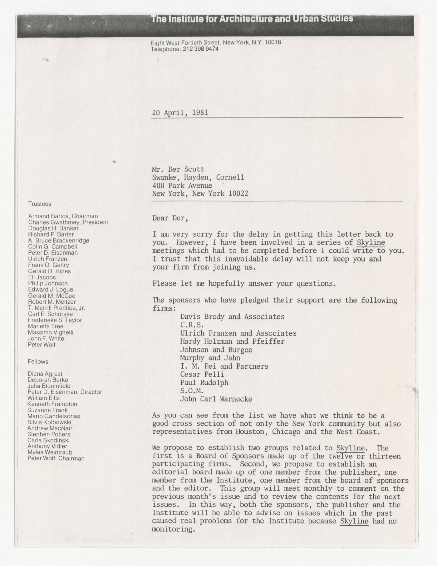 Letter from Peter D. Eisenman to Der Scutt about sponsorship for Skyline