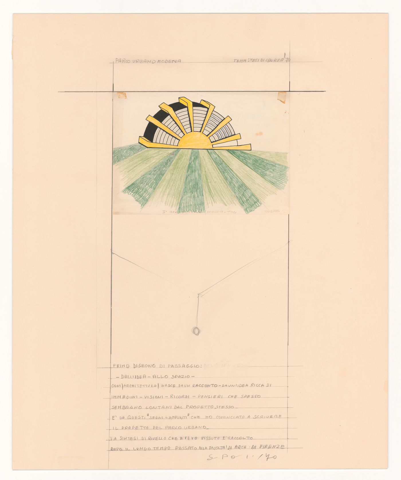 Sketch elevation and notes for Urban park competition, Modena, Italy