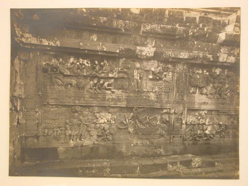 Close-up view of relief panels on the temple of Borobudur depicting sheep, a ship, trees and figures, Borobudur, Indonesia