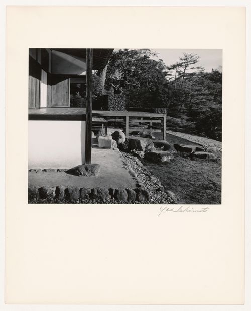 View of the broad veranda and the Moon-viewing Platform showing the eaves gutter and the southeast entrance of the Old Shoin, Katsura Rikyu (also known as Katsura Imperial Villa), Kyoto, Japan