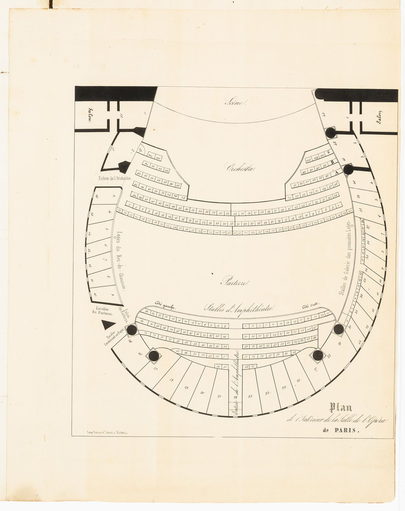 Plan of the auditorium showing the seating arrangements, Salle Le Peletier