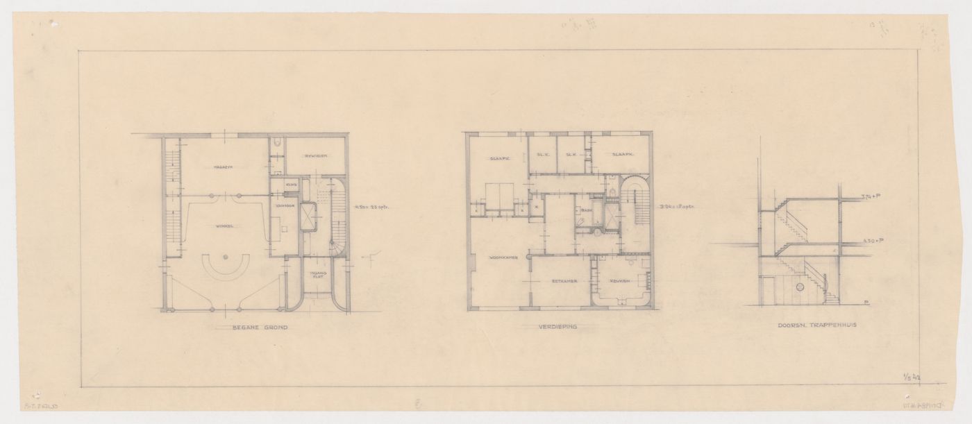 Ground and first floor plans and cross section showing stairs for Olveh mixed-use development, Rotterdam, Netherlands