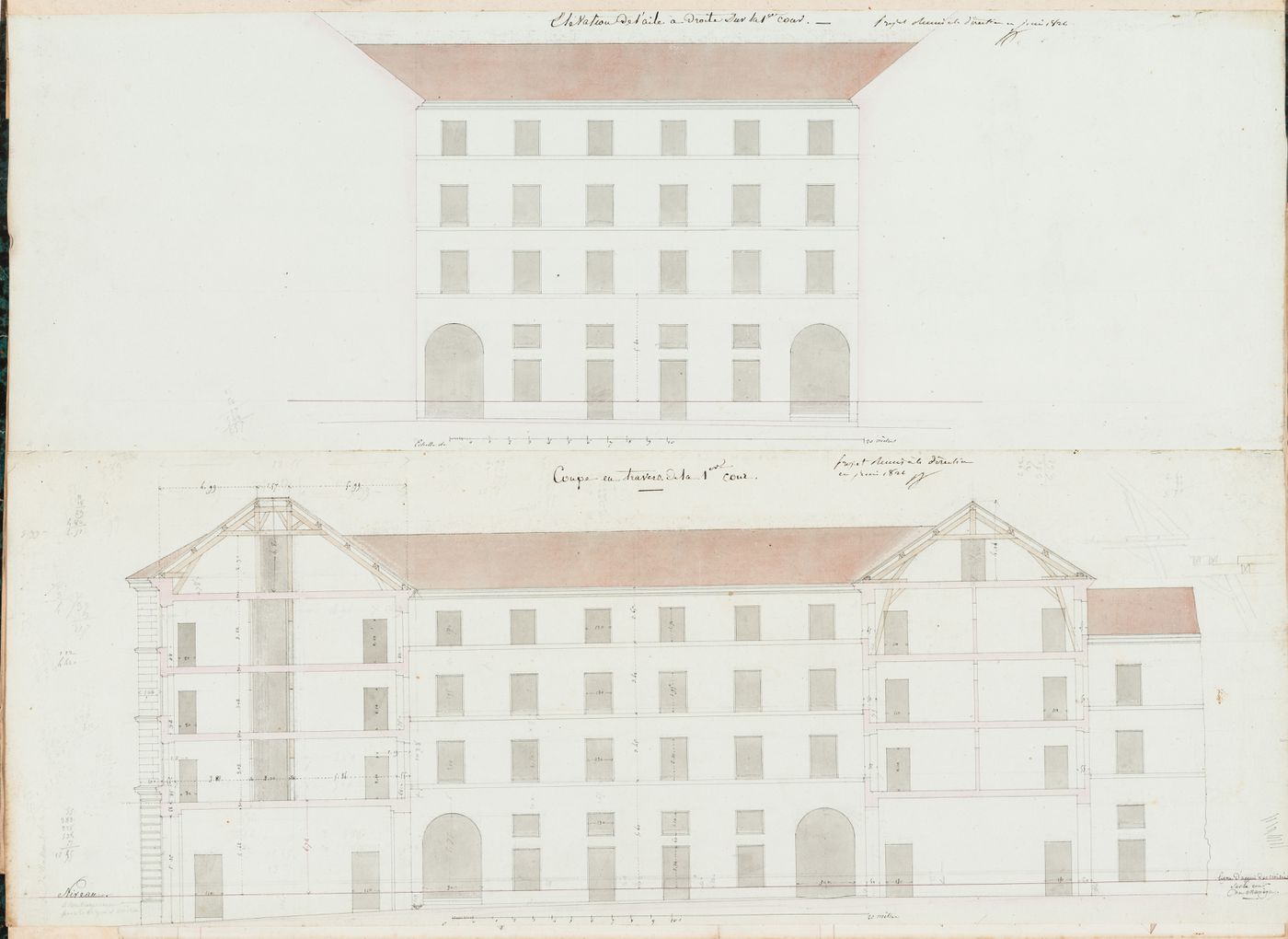 Project for the caserne de la Gendarmerie royale, rue Mouffetard: Elevation for the right wing facing the first courtyard