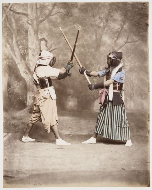 Group portrait of two kendo participants, Japan