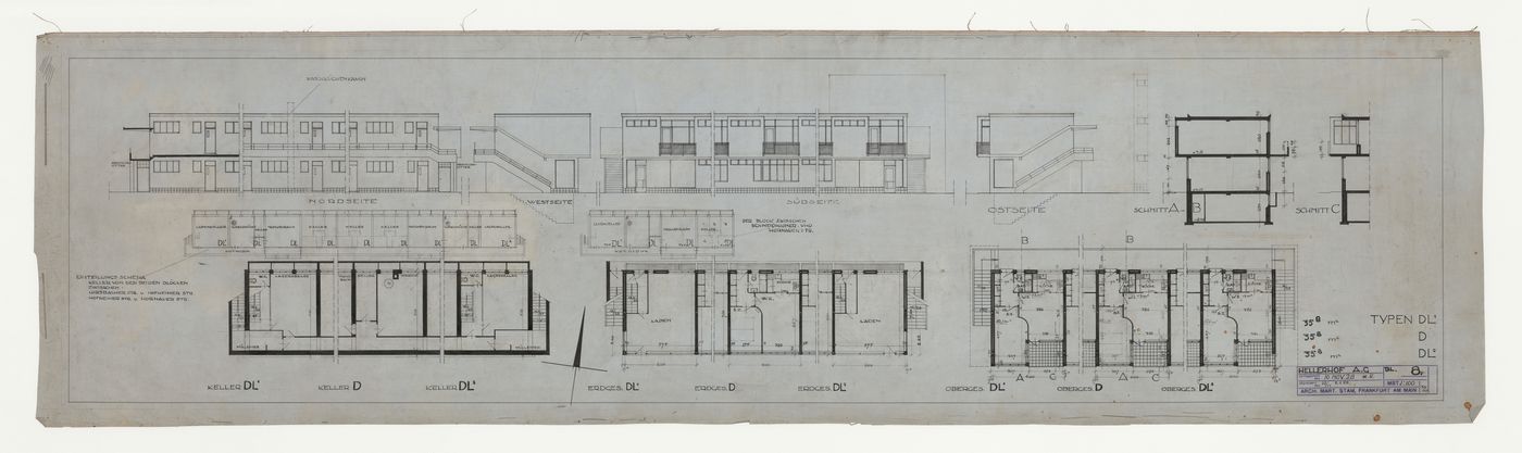 Basement, ground, and first floor plans, north, south, east and west elevations, and sections for type D, type DL1 and type DL2 housing units, Hellerhof Housing Estate, Frankfurt am Main, Germany