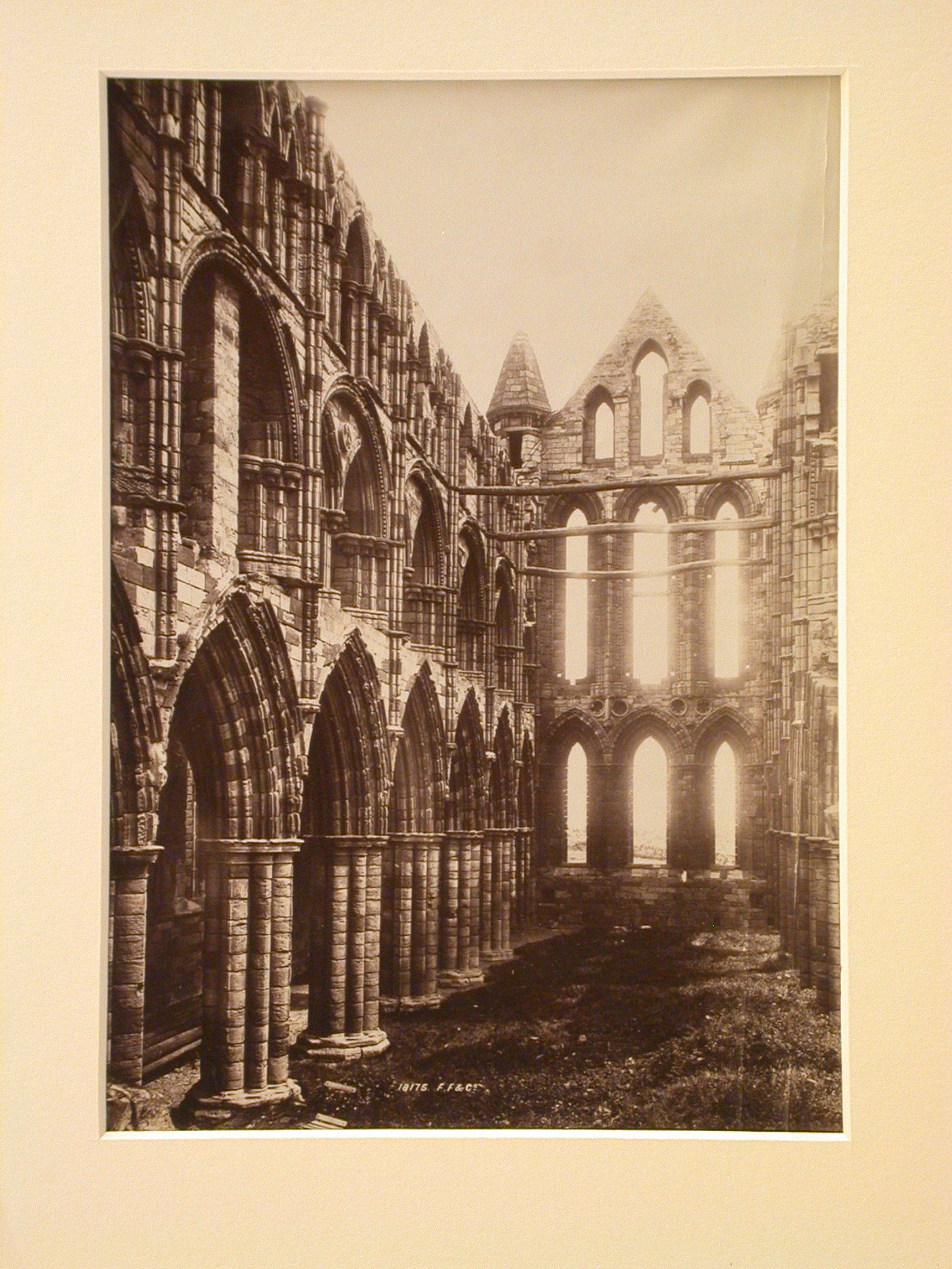 View of interior of nave of ruined church or abbey, England ?