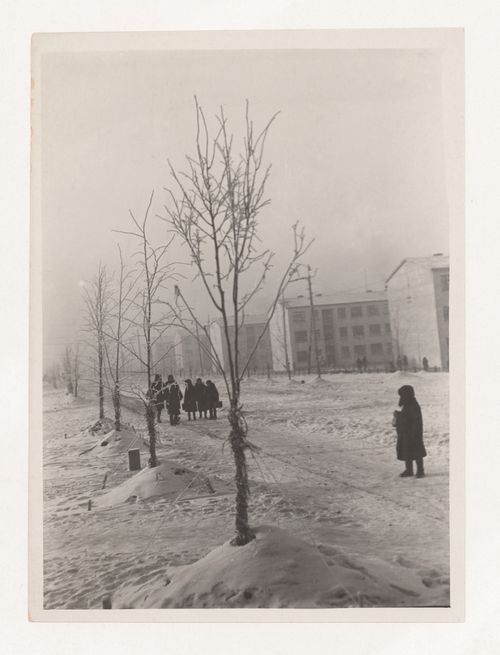 View of a boulevard in the First Block showing housing, Magnitogorsk, Soviet Union (now in Russia)