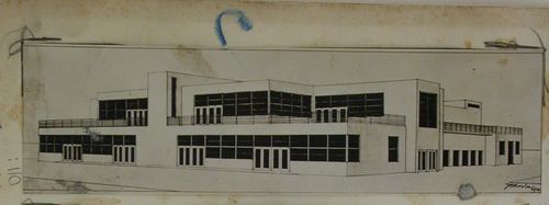 View of an elevation drawing for a tenement house in Kladno, Czechoslovakia (now Czech Republic)
