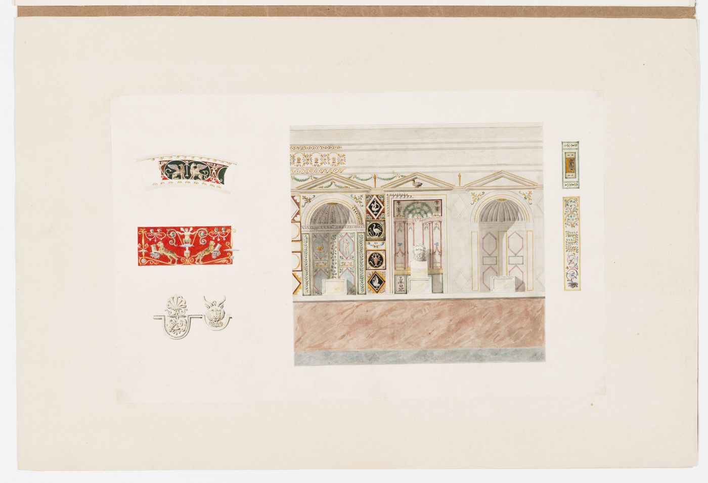 Wall elevation with pedimented niches and foliated and figurative ornament, and two panels and three bands decorated with grotesques, foliage, and arabesques