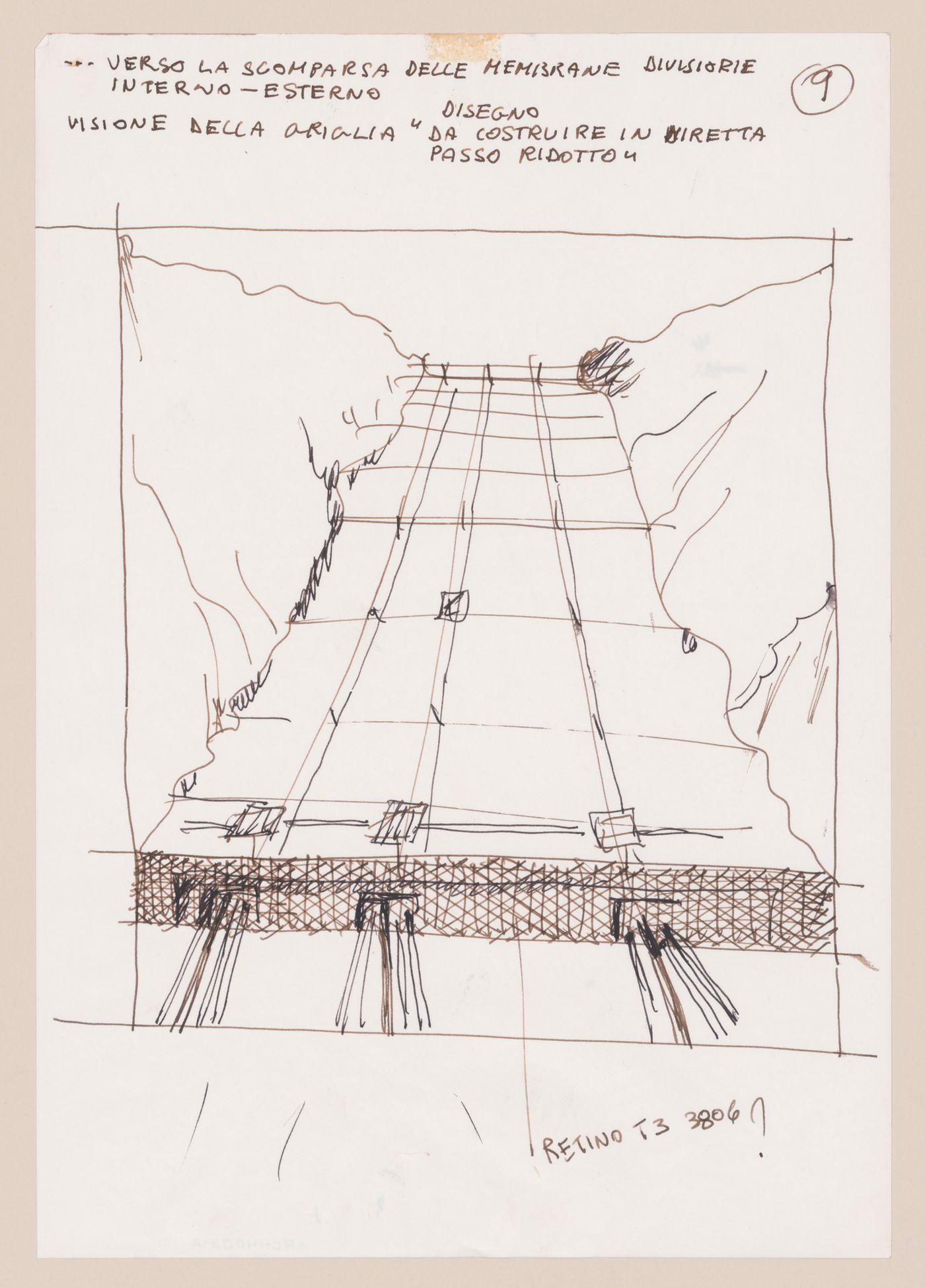 Page 9 of a storyboard describing filming locations and planning sketches of various scenes for Supersuperficie [Supersurface]