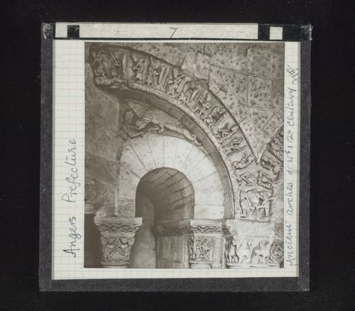 View of ancient arches with relief sculpture in prefecture, Angers, France
