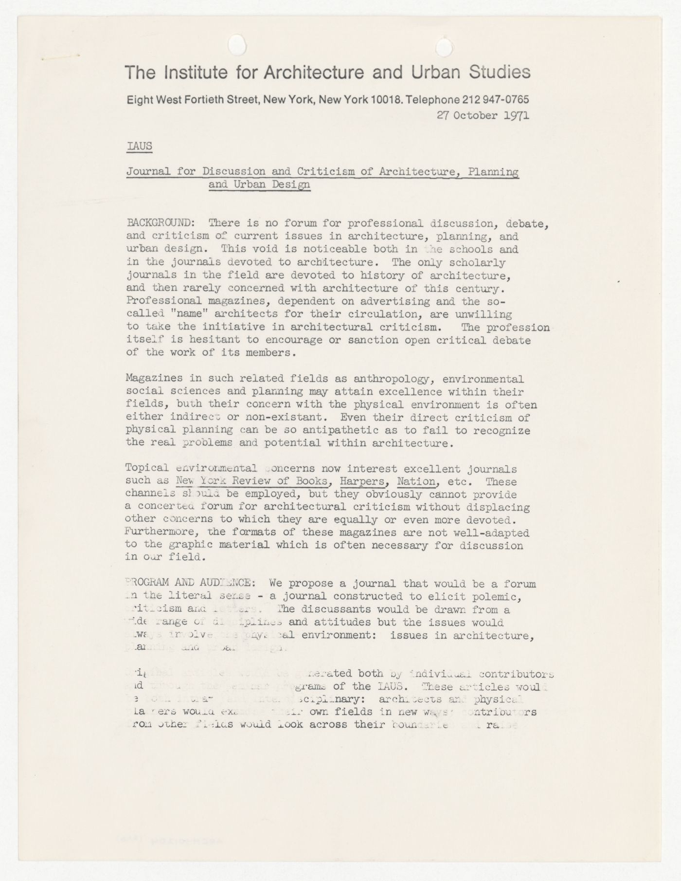 Memorandum from Stanford Anderson and Anthony Vidler to the Fellows with attached revised proposal for a magazine