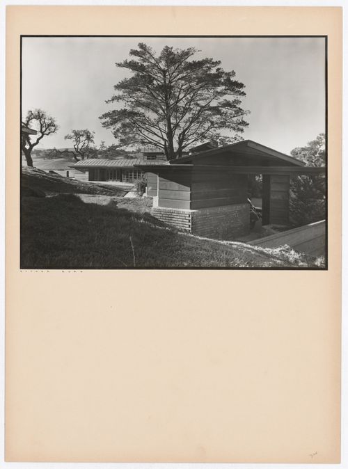 View of the Hanna House showing the carport, windows, and trees, Palo Alto, California, United States