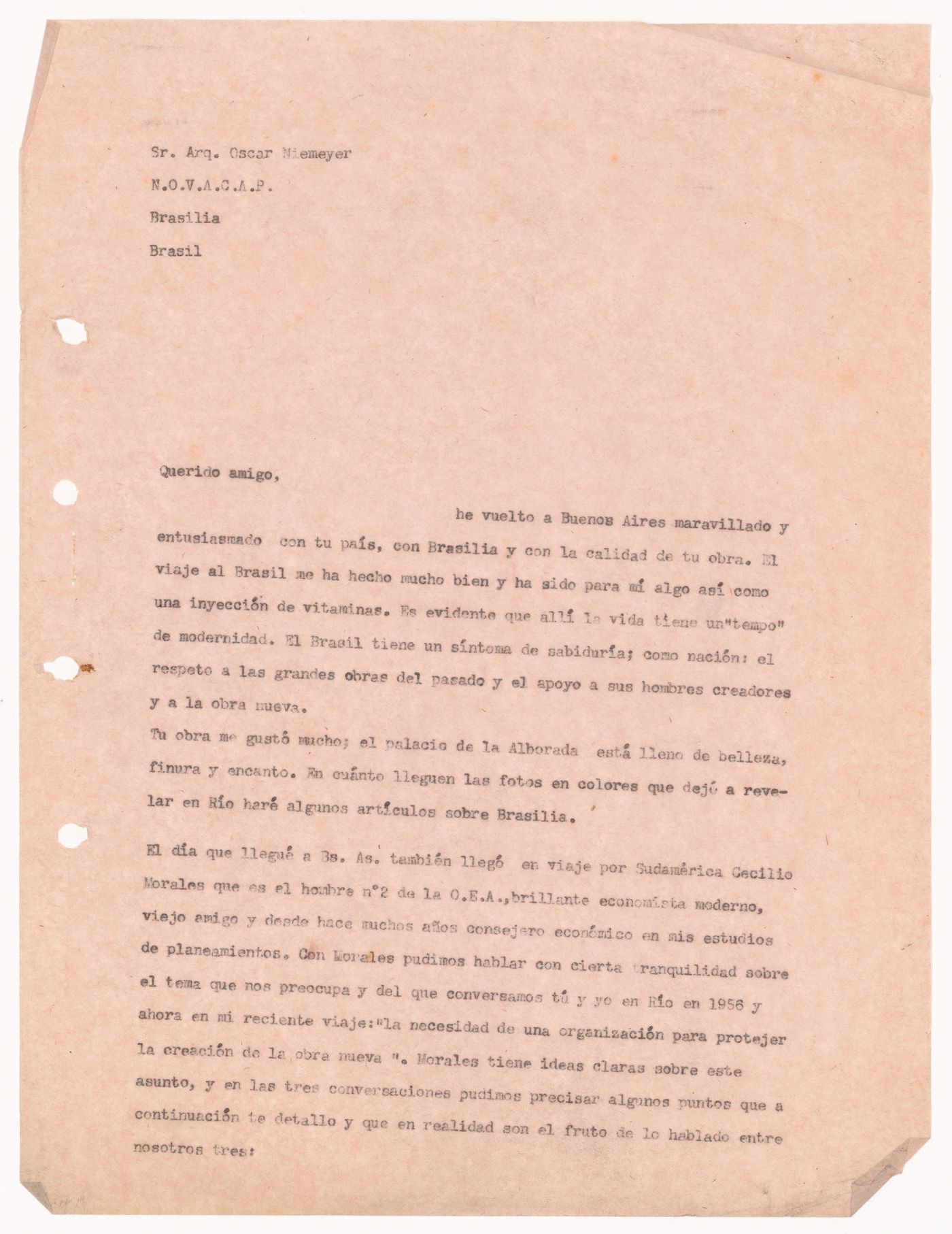 Correspondence, letter to Oscar Niemeyer from Amancio Williams