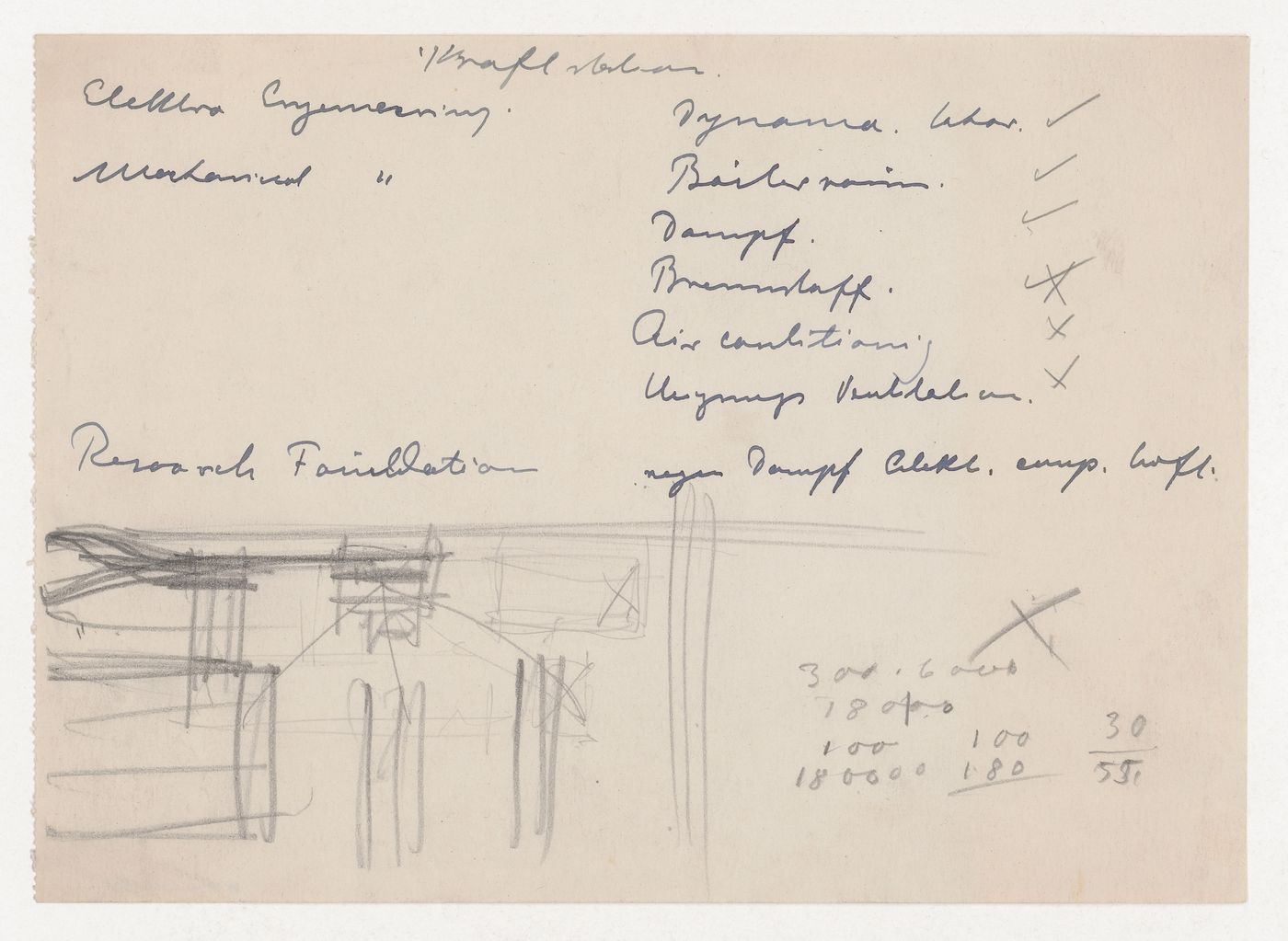 Notes for various campus facilities with calculations and an unidentified sketch for Illinois Institute of Technology