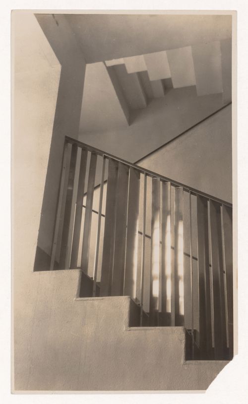 Interior view of staircase handrail in the Mallet-Stevens hôtel particulier, Mallet-Stevens road in the 16th arrondissement, Paris, France