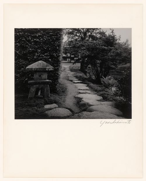 View of the Triangular Lantern (also known as the Snow-viewing Lantern) and stepping-stones near the Shoiken, Katsura Rikyu (also known as Katsura Imperial Villa), Kyoto, Japan