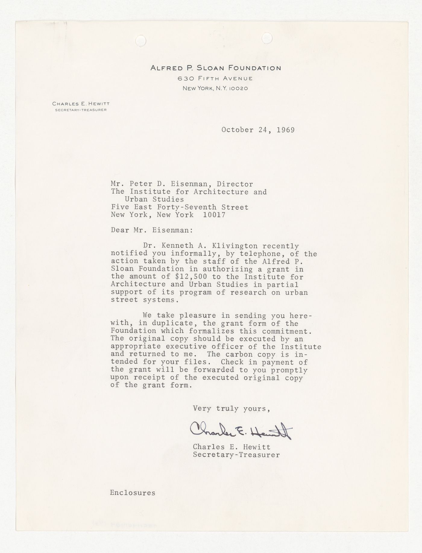 Letter from Charles E. Hewitt to Peter D. Eisenman with attached grant form signed by Peter D. Eisenman