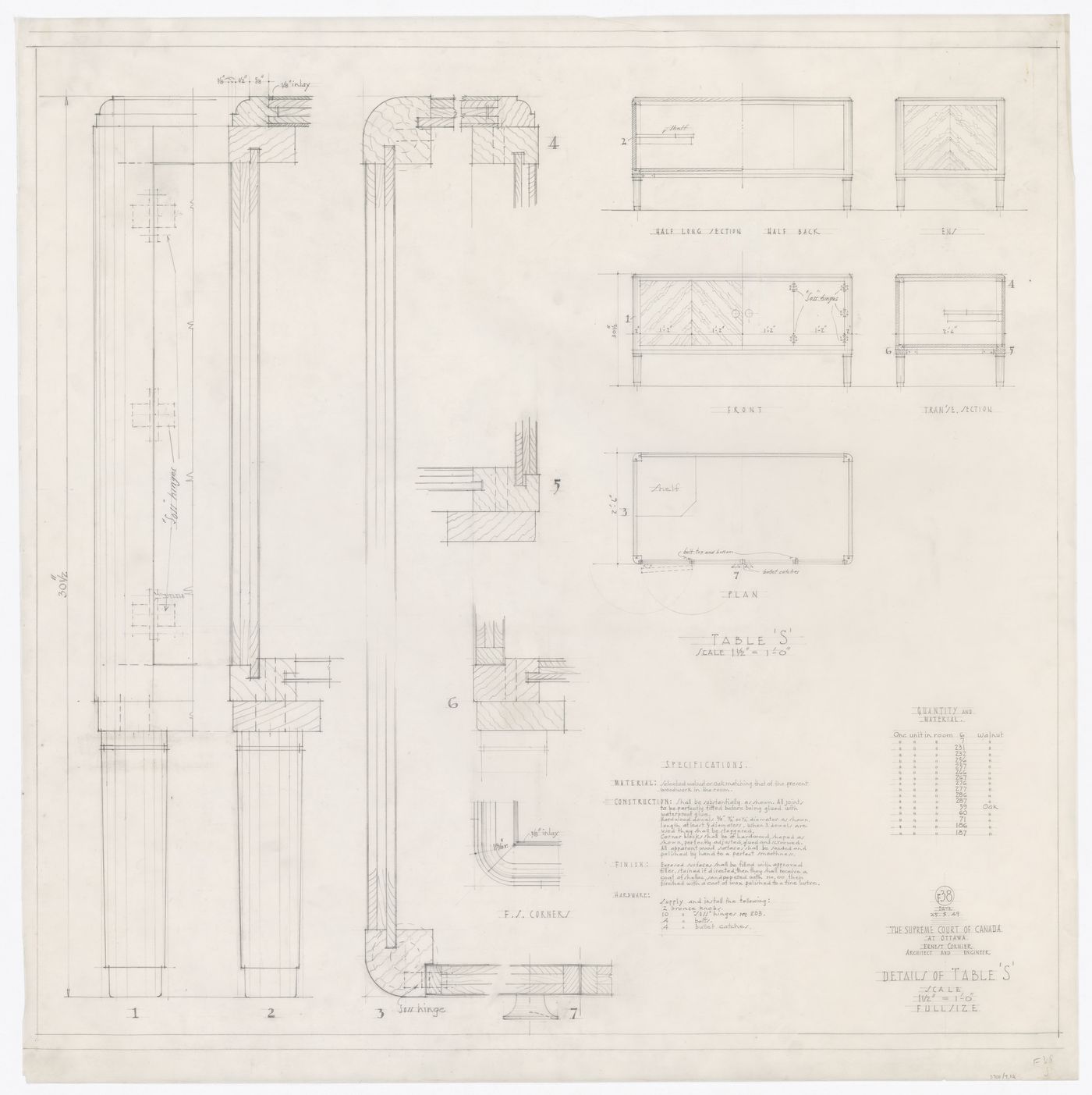 Plan, élévations, coupes et détails de la table "S" pour Cour suprême du Canada, Ottawa, Ontario