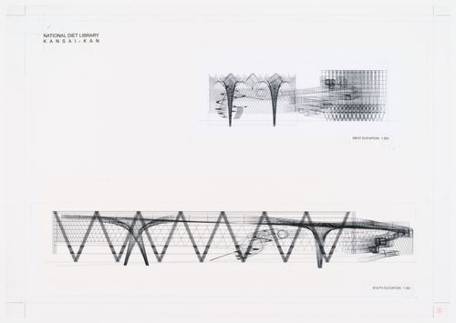 South and West elevations of the library and stacks, scale 1:300, Kansai-Kan of the National Diet Library, Seika, Japan