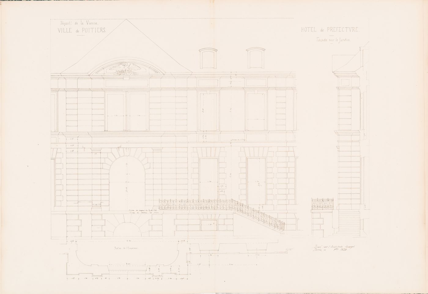 Project for a Hôtel de préfecture, Poitiers: Partial elevation, plan, and profile for the rear façade for the Hôtel du Préfet