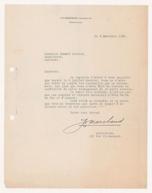 Lettre de J.O. Marchand à Ernest Cormier