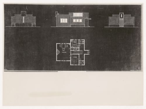 Photograph of a plan and elevations for the temporary construction administration building, Oud-Mathenesse Quarter, Rotterdam, Netherlands