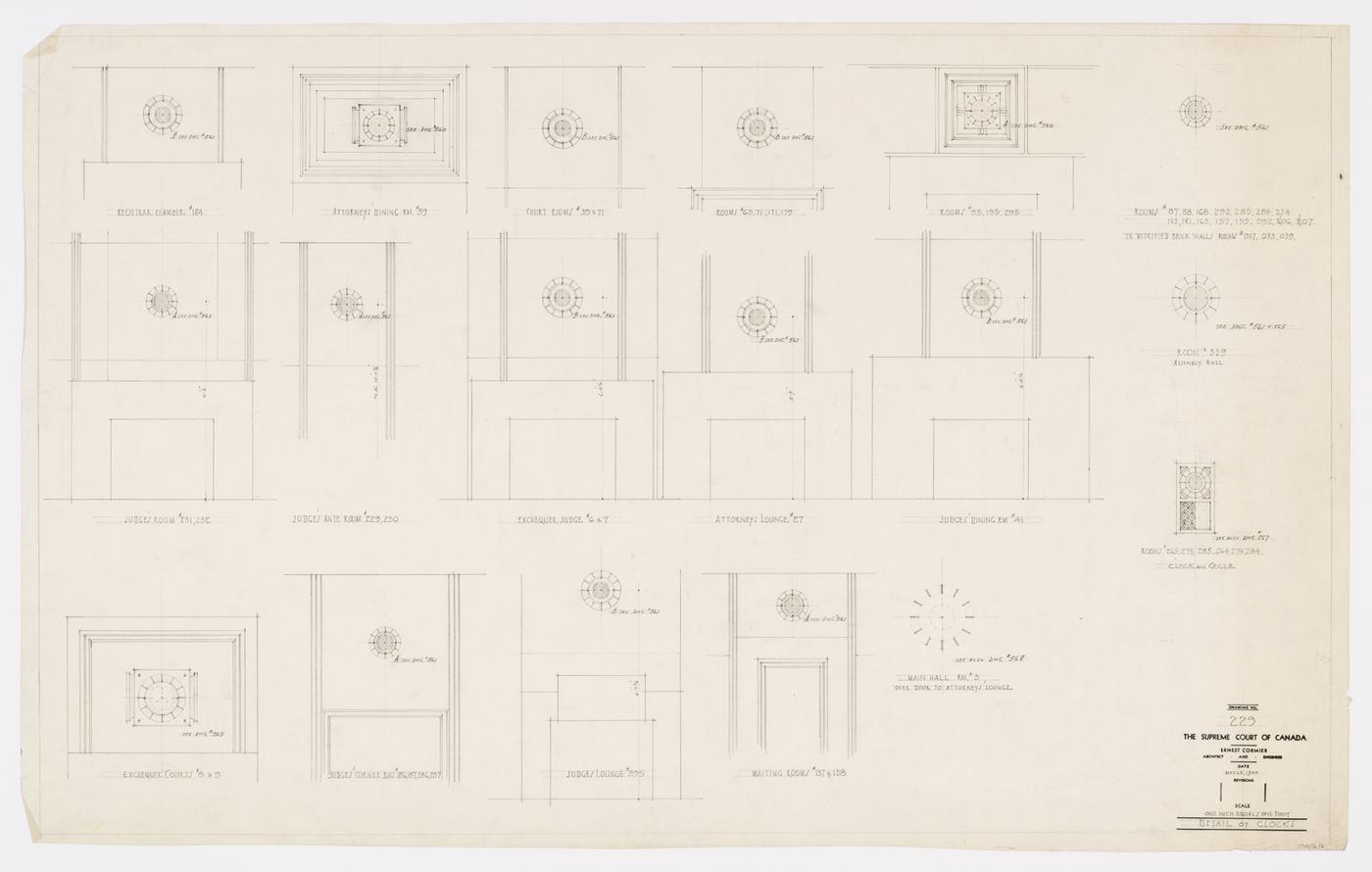 Détails des horloges, Cour suprême du Canada, Ottawa, Ontario, Canada (1937-1953, 1977)