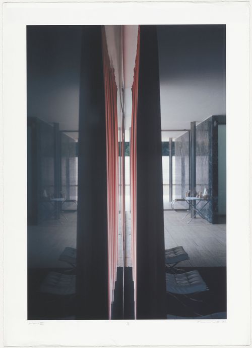 Interior view of the reconstructed Pabellón Mies van der Rohe (also known as the Barcelona Pavilion) showing windows, curtains, stools and  a table, Barcelona, Spain