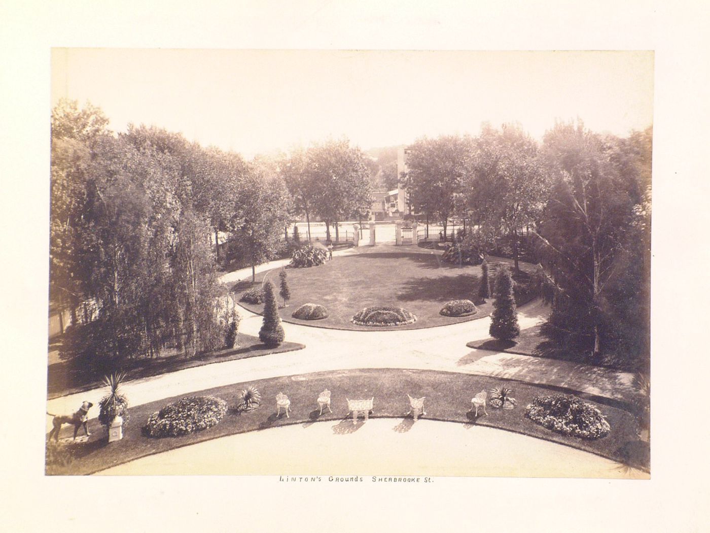 Aerial view from a balcony on the principal façade of the residence of David Lewis showing the garden, 3424 rue Sherbrooke, Montréal, Québec