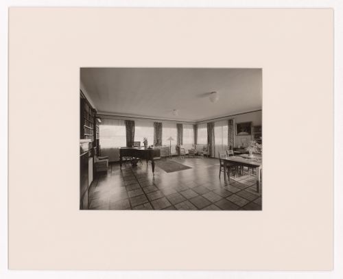 Interior view of living room with piano of Trapenard villa, Sceaux, France