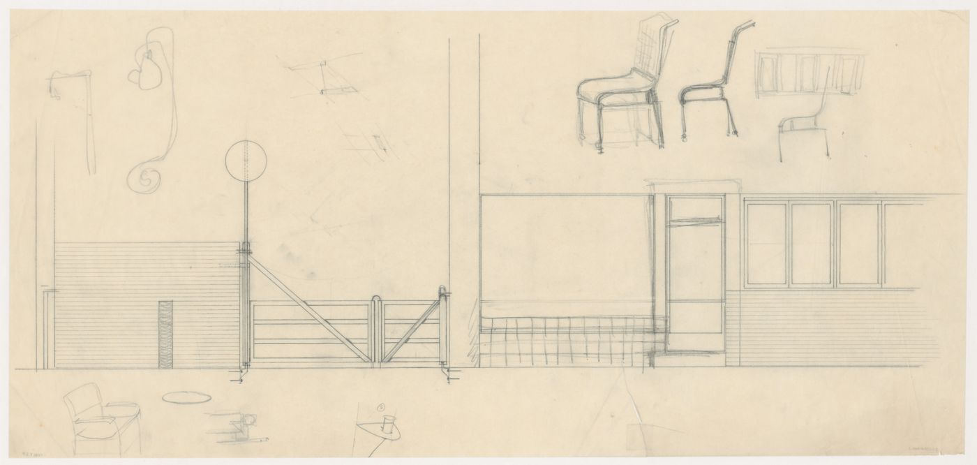 Partial elevation for Kiefhoek Housing Estate, Rotterdam, Netherlands, and furniture sketches, possibly for Villa Allegonda, Katwijk aan Zee, Netherlands