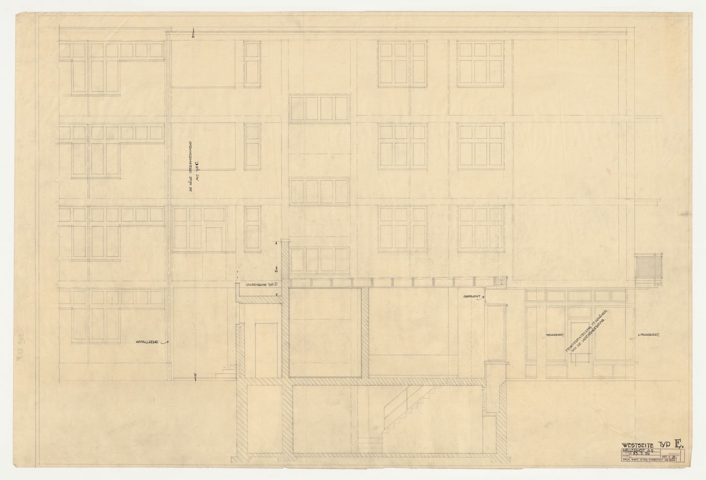 West sectional elevation for a type E store and housing unit, Hellerhof Housing Estate, Frankfurt am Main, Germany