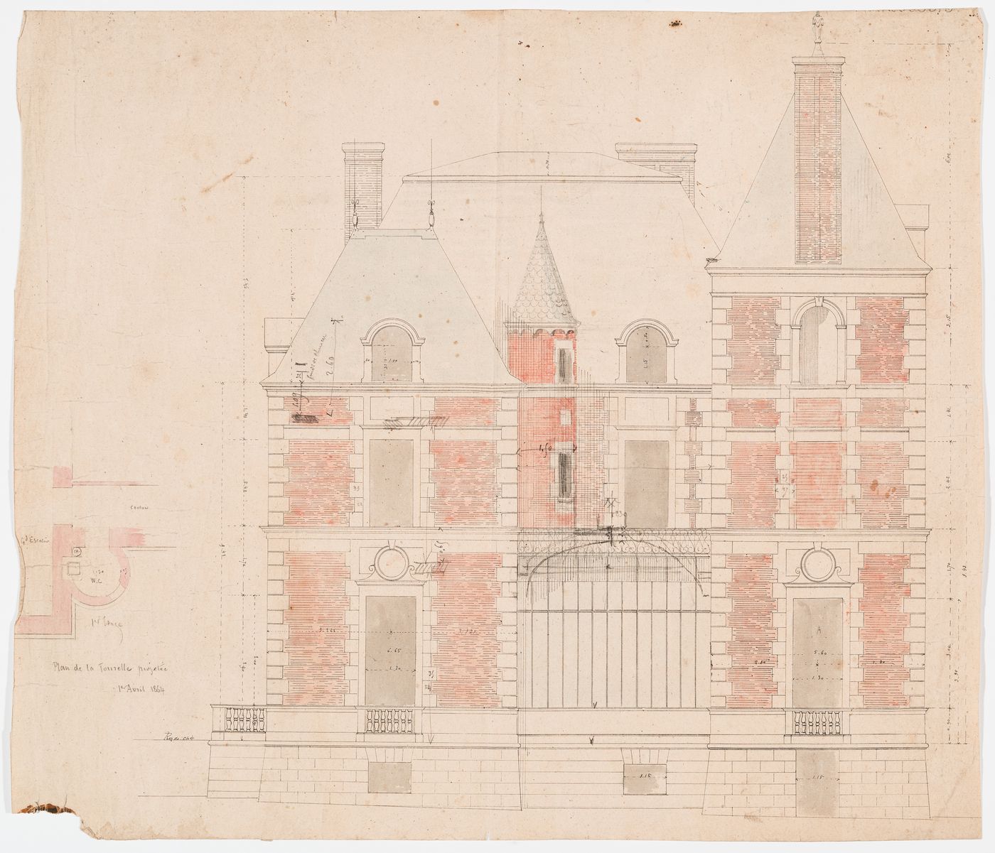 Château de Marcoussis: Side elevation and partial plan showing proposed tower