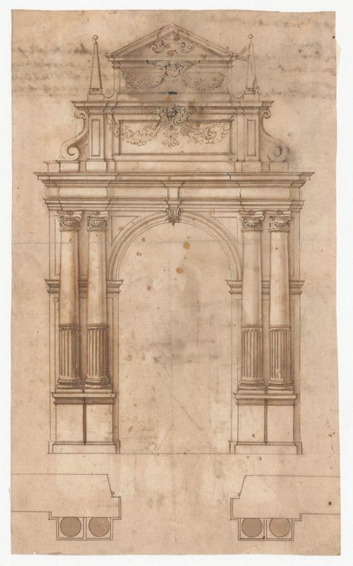 Elevation and plan of an arched entranceway, flanked by paired columns, surmounted by an elaborate stepped pediment (an aedicula)