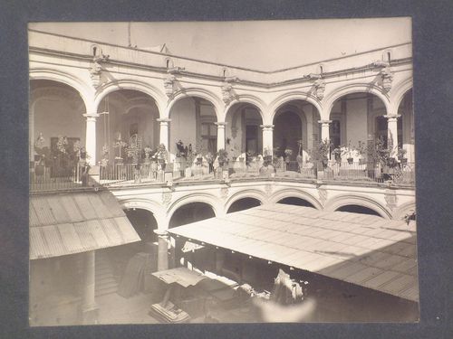 View of the principal patio of the Palacio de los condes de Santiago de Calimaya showing corrugated iron roofs, Mexico City, Mexico