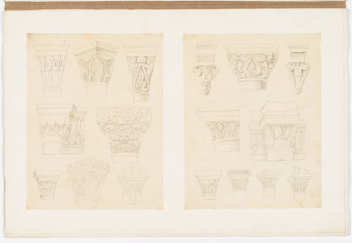 Two drawings of Gothic architectural elements: capitals, corbels and piers