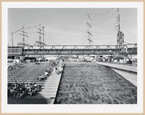 View of the tiered seats and cascade of the Agora with the skywalk in the background, Port of Québec, Québec